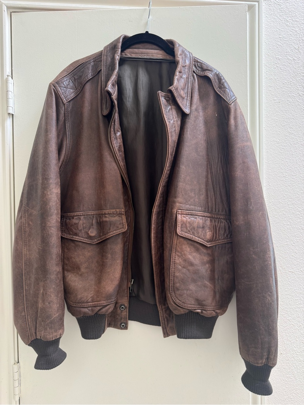 Men's Vintage 80's Brown Leather Bomber Aviator Jacket, Size L